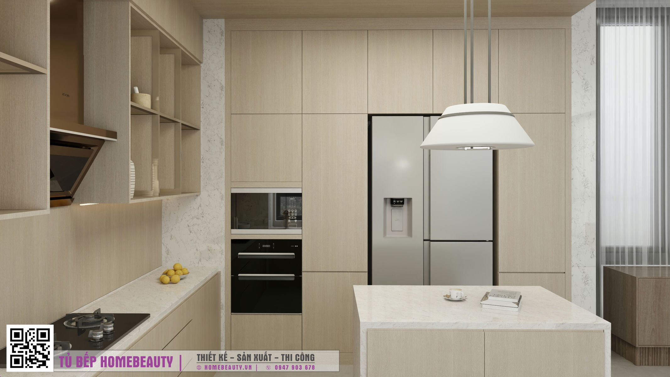 Tủ Bếp chữ L gỗ tự nhiên hiện đại 2600mm - HBFKI016